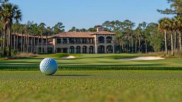 A Golf Ball on the Green in Front of a Clubhouse and Palm Trees. photo