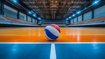 Volleyball Arena with Ball at Center Court. This image captures the anticipation of a game within a modern sports facility, showcasing the court and bleachers. photo