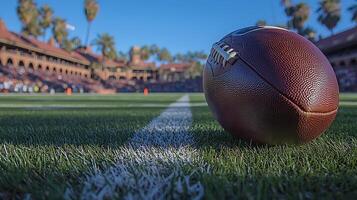 American Football on a Stadium Field with Blurred Background. photo