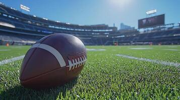 Close up of an American football on a stadium field under bright stadium lights. photo