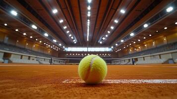 A close up of a tennis ball on a clay court, highlighting the texture and the stadium lights in the background. photo