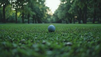 A single golf ball rests on a lush green golf course fairway, with trees and soft sunlight in the background. This image captures the tranquility and beauty of the game. photo