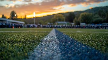 Close up of a football field line at sunset with a blurred crowd and warm sky. photo