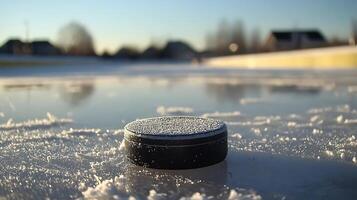 A solitary hockey puck rests on a frosty, sunlit ice rink. The image captures the stillness and potential energy of a winter sport waiting to begin. photo