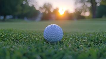 Golf ball resting on green grass with a blurred sunset in the background. This image captures the peaceful ambiance of a golf course at dusk. photo