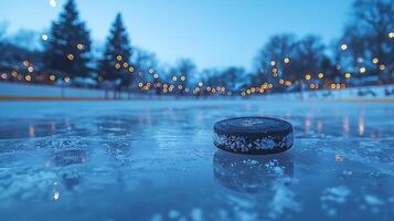 A lone hockey puck rests on a glistening ice rink, illuminated by soft, blurred lights in the background. This image captures the serene and magical atmosphere of an outdoor winter evening. photo