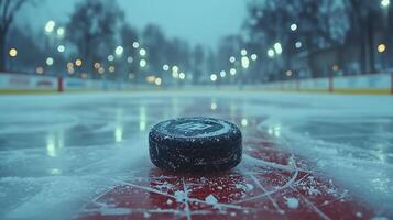 A close up view of a hockey puck resting on a frosty ice rink under soft, blurred lights. This image captures the quiet anticipation of a winter sports game. photo