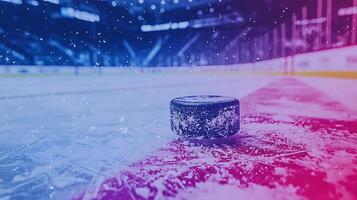 Hockey puck resting on the ice in a stadium with a colorful gradient and falling snow. photo