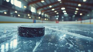 Close up of a hockey puck resting on a pristine ice rink with stadium lights in the background. photo
