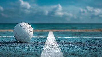 Beach Volleyball Court with Ball and Ocean Background. This image captures a close up of a volleyball resting on the court with a blurred ocean and sky in the distance. photo