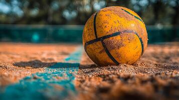 Textured Orange Ball Resting on Sandy Court with Blurred Green Background. photo