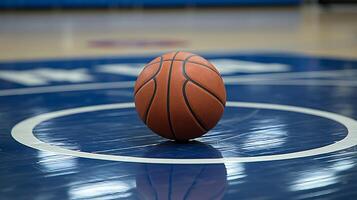 Basketball resting on a gleaming court within a gym. The image focuses on the iconic orange sphere, highlighting its texture and seams against the blue background and court markings. photo