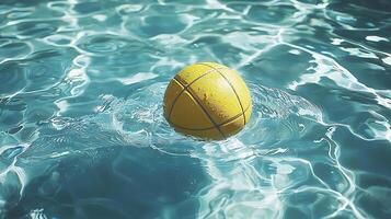 A yellow ball bobs on the surface of a rippling blue swimming pool, creating reflections and distortions. photo