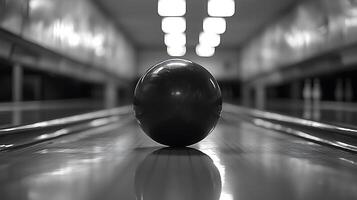 A solitary bowling ball rests on the polished lane under bright overhead lights. The image captures the anticipation and focus of the game. photo