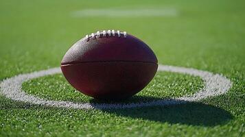 Close up of an American football on a grassy field near a white line. photo