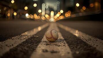 A lone baseball rests on a street at night, with blurred city lights in the background. The image captures a moment of quiet anticipation before a game or a reflection on the sport. photo