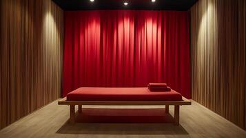 Minimalist spa room with a massage table and red curtains. This serene setting evokes relaxation and tranquility. photo