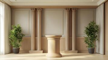 Elegant interior with classical columns and a central pedestal, illuminated by natural light. This scene evokes a sense of grandeur and sophistication, perfect for presentations or formal settings. photo