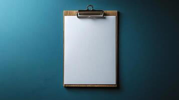 A clean clipboard with a blank white sheet of paper, ready for your text or design. This simple and versatile office supply is presented against a textured teal background. photo