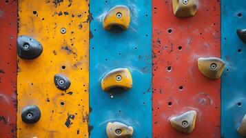 Textured Climbing Wall with Colorful Holds and Worn Panels. This abstract view showcases the details of an indoor climbing wall's challenging surfaces. photo