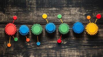 Colorful interlocking gears and circles connected on a wooden background. This image represents teamwork and collaboration in a project or business setting. photo