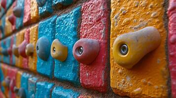Colorful Climbing Holds on Textured Wall. This image captures the vibrant and textured surface of a climbing wall with various brightly colored holds. photo