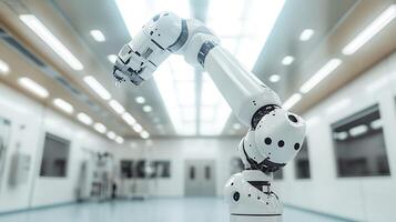 Advanced robotic arm in a clean, modern facility. This sophisticated machine represents innovation and automation in industrial settings. photo