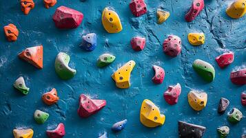A colorful array of climbing holds on a textured blue climbing wall. The textured surface and vibrant holds create a dynamic visual for sports and fitness themes. photo