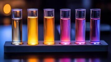 Luminous laboratory tubes filled with colorful liquids create a striking scientific display. The gradient of colors and soft bokeh background suggest a controlled experiment or a vibrant aesthetic. photo