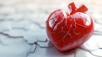 A close up on a shiny red anatomical heart with visible vessels. photo