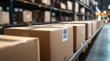 Rows of cardboard boxes with barcodes are neatly stored on industrial shelving in a large warehouse. The focus is on the logistics and organized storage of goods for distribution. photo