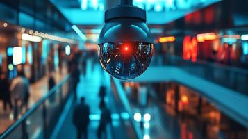 Surveillance camera with glowing red eye in a modern shopping mall. The camera's reflective dome captures the blurred movement of shoppers and bright lights in the background. photo