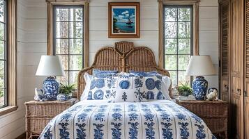 Cozy bedroom with blue and white patterned bedding and rustic charm. This inviting space features a wicker headboard and bedside tables, creating a warm and comfortable atmosphere. photo