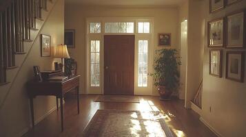 Warm sunlight streams into a welcoming home entryway featuring a staircase and decorated walls. The natural light creates a serene and inviting atmosphere for any domestic setting. photo