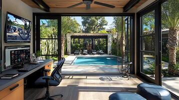 Modern home office with a view of a serene backyard pool and lush greenery. This stylish workspace offers a blend of indoor comfort and outdoor tranquility. photo