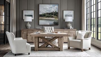 Elegant Home Office with Natural Wood Furniture and Artwork. This sophisticated workspace combines comfort and style with plush seating and a tranquil landscape painting. photo