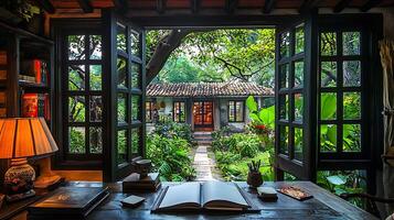 Tranquil study overlooking a lush garden with open French doors, inviting contemplation and creativity. The warm interior contrasts with the vibrant natural scene outside. photo
