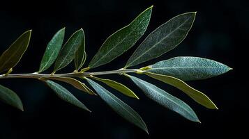 Close up of a detailed olive branch with green leaves against a dark background. The delicate veins and textured surface of the leaves are highlighted by soft lighting. photo