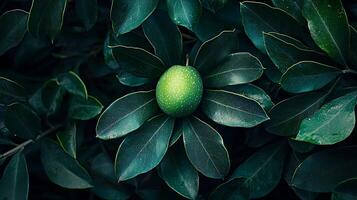 A lone green fruit with white speckles rests amidst lush, dark green foliage. The image features a striking contrast between the textured fruit and the glossy, wet leaves. photo