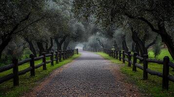 A misty forest path winds through ancient olive trees bordered by a rustic wooden fence. The scene evokes a sense of peaceful journey and natural beauty. photo