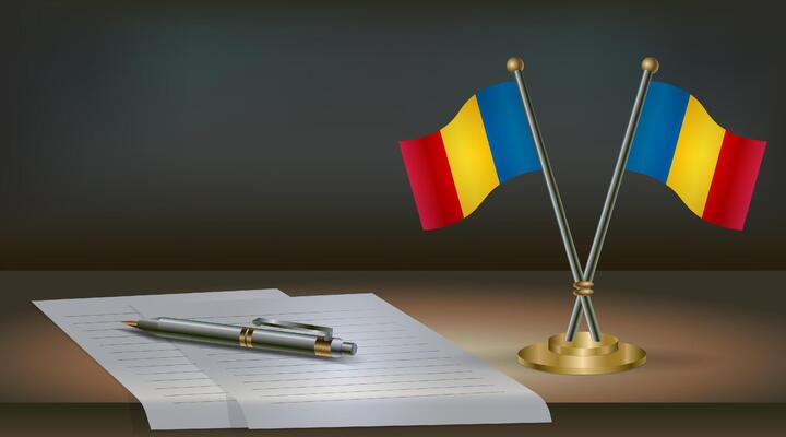 Romania table flag on a dark gradient color background table. Illustration