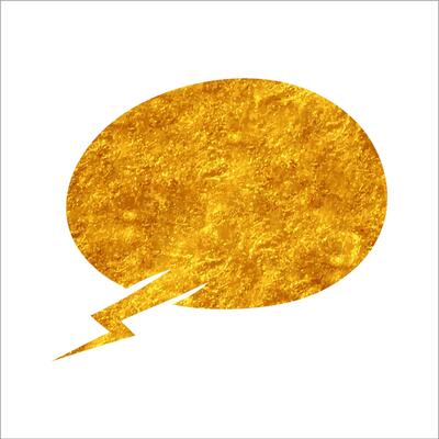 Bold golden speech bubble with lightning effect design