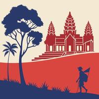 A man walking with a backpack and a flag in front of a temple vector