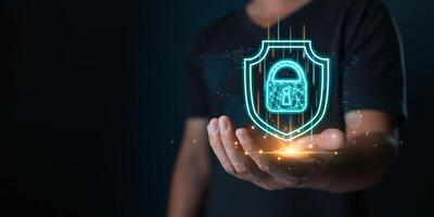 Cybersecurity and privacy protection digital network security computer system and safe data concept. Businessmen use firewall protect password data information from crime, viruses, and hacker photo