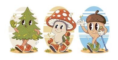 Cartoon forest characters including tree and mushroom vector