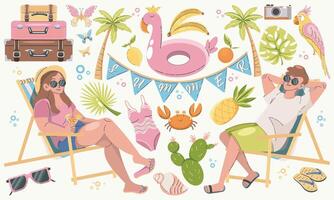 Summer beach scene with tropical elements vector