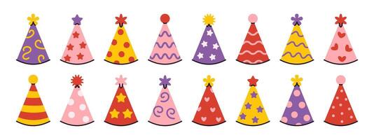 colorful happy birthday party hats collection. Cute party caps set in flat design. Festive sticker elements. Funny set of birthday party cones. vector