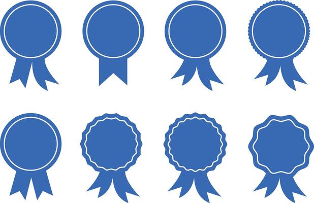 Blue Ribbon Badges Set, Award, Guarantee, Premium Quality, Winner, and Achievement Labels in Multiple Styles.
