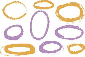 Oval highlight pastel color crayon shapes set with hand drawn sketchy rough ellipses, pencil and marker grunge textures, decorative accents for text emphasis and attention. vector