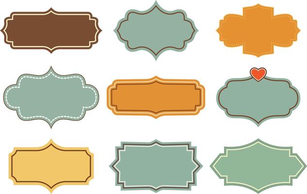 Collection of vintage decorative labels in various colors and shapes on white background